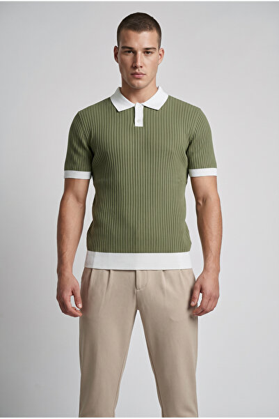 MODASPARK Ανδρικό μπλουζάκι χακί με γιακά πόλο και κοντό μανίκι με κουμπιά