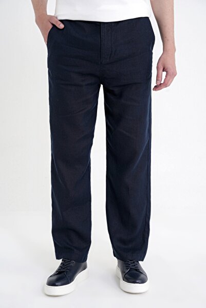Efor Oversize Kalıp Yan Cep Beli Lastikli Lacivert Keten Pantolon P 1216