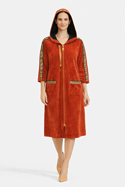 Marjinal Βελούδινο φόρεμα με κουκούλα – Με χρυσή ρίγα, φερμουάρ και τσέπες, ά...