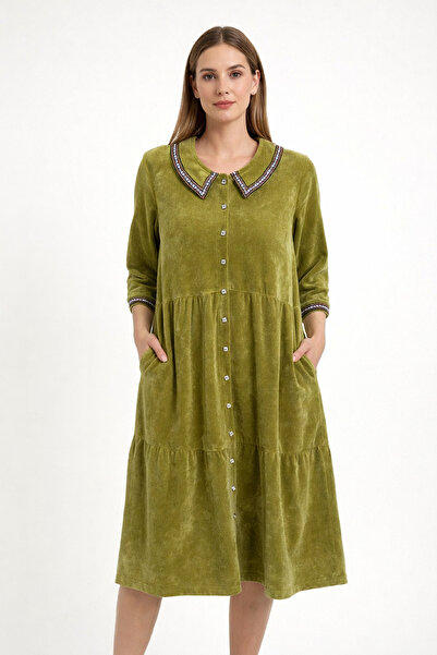 Marjinal Βελούδινο φόρεμα με κουκούλα – Με χρυσή ρίγα, φερμουάρ και τσέπες, ά...