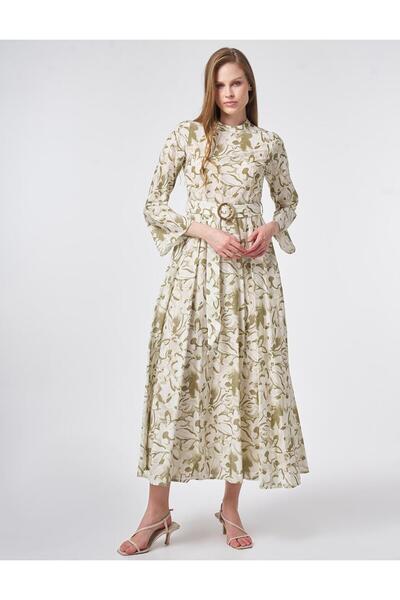 Kayra 100% βαμβακερή κρέμα μάξι φορέματος με λεπτομέρεια ζώνης