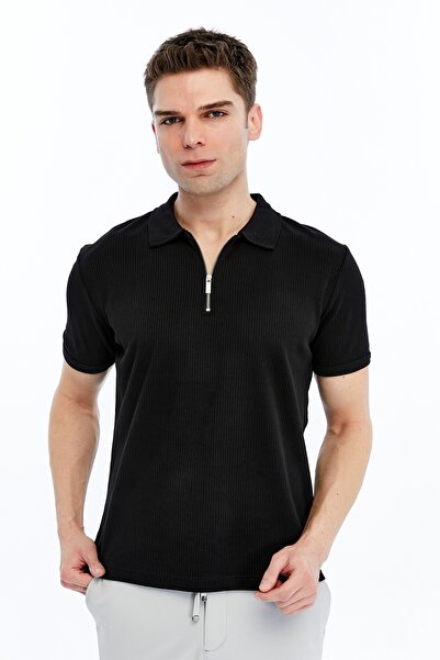 trender Tricou bărbătesc cu guler polo și fermoar 2738 Negru