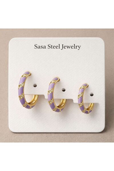 Sasa Steel Jewelry 3'Lü Mineli Mor Halka Çelik Küpe Seti-Gold Detay-Trend Min...