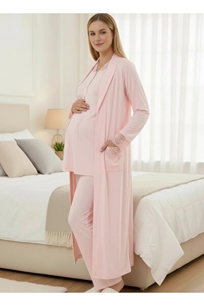 LOHOUSE Kadın Dantelli Uzun Kol 3'Lü Sabahlıklı Lohusa Hamile Pijama Takım Seti