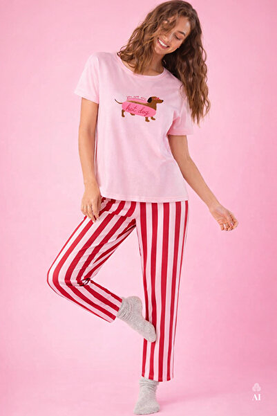 koza iç giyim Γυναικείο Σετ Πιτζάμες από Βαμβάκι με Πολύχρωμο Σχέδιο Σκύλου