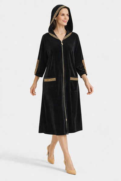 Marjinal Βελούδινο φόρεμα με κουκούλα – Με χρυσή ρίγα, φερμουάρ και τσέπες, ά...