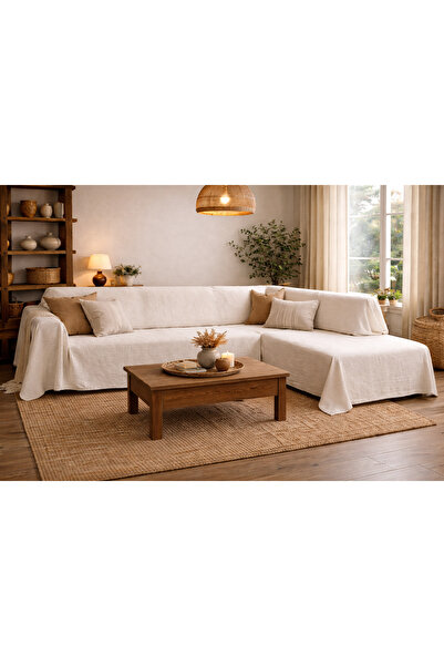 Sister Home Design 500x200 cm L Köşe Koltuk Örtüsü %100 Pamuk Buldan Keten Na...