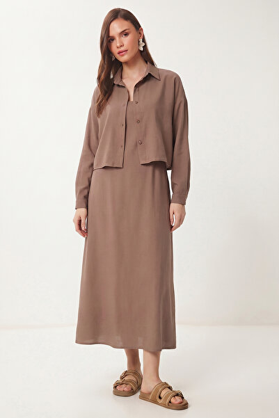 Lovelyİstanbul Φόρεμα με τιράντες και πουκάμισο Modal Suit LCI0070 ΚΑΦΕ