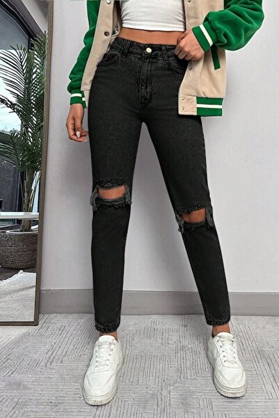 StreetWear Outlet Blugi skinny rupți de damă cu talie înaltă și rupturi, negri, 50 EU