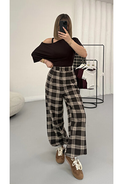 nona butik Καρό Παντελόνι Σαλβάρ - Καφέ