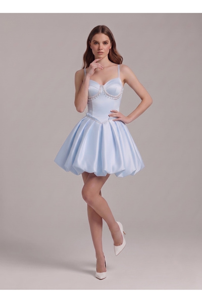 Tangül&Ali'S Moda Evi Balon Etekli İnci İşlemeli Bebe Mavisi Mini Elbise