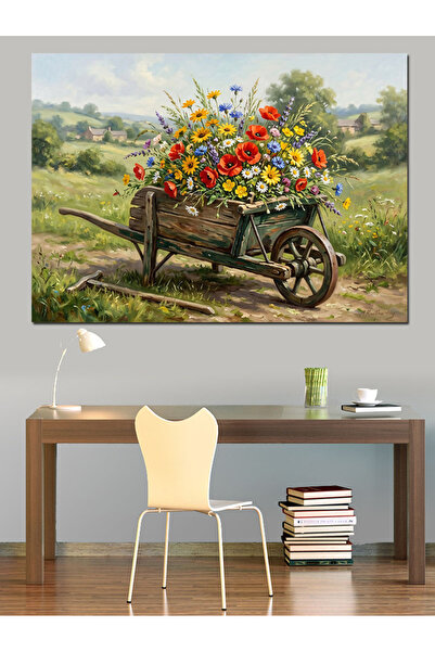 Artmeg Cărucior din lemn decorativ cu flori - Tablou din lemn MDF