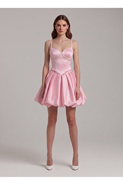 Tangül&Ali'S Moda Evi Balon Etekli İnci İşlemeli Pembe Mini Elbise