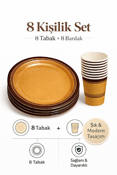Bkmc Retro Elegant Bej Parti Seti – 8 Tabak 8 Bardak