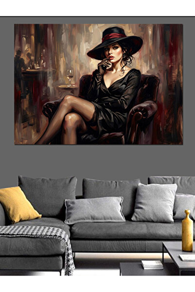 Artmeg Femeie elegantă așezată pe un scaun cu o pălărie - Pânză decorativă - ...