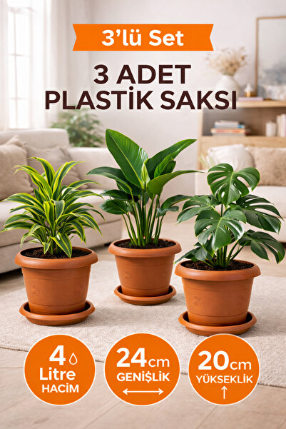 Binbirreyon 3 Adetli 4Lt Tabaklı Saksı Seti Terracotta Kahverengi 24x20cm AH208