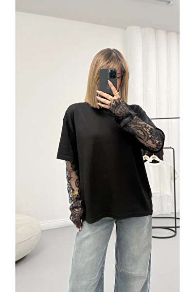 nona butik Μπλουζάκι με δαντελένια λεπτομέρεια στα μανίκια - Μαύρο