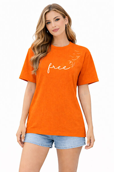 Lizbon Style Women's Orange Oversize Printed T-Shirt with Free Text 100% Cott...