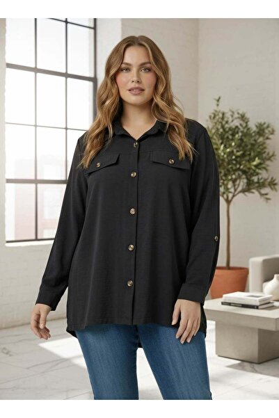 RMG Γυναικείο πουκάμισο μεγάλου μεγέθους με λεπτομέρεια στην τσέπη, μαύρο