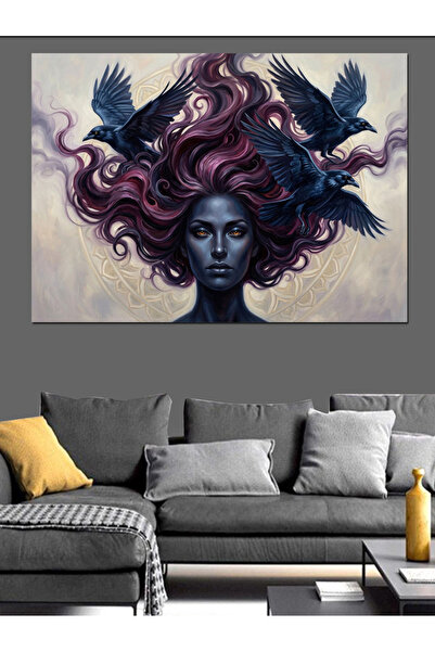 Artmeg Pânză decorativă cu corbi și femeie cu păr violet - Tablou din lemn MDF