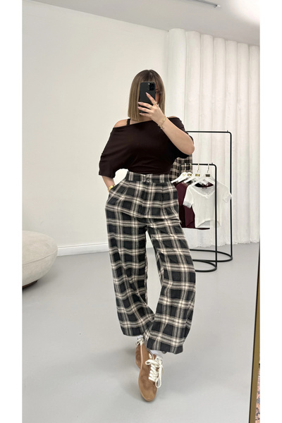 nona butik Καρό Παντελόνι Σαλβάρ - Ναυτικό Μπλε