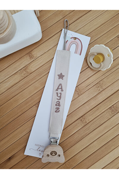 BABYHANDLOVE Nakışlı İsimli Emzik Askısı Açık Bej