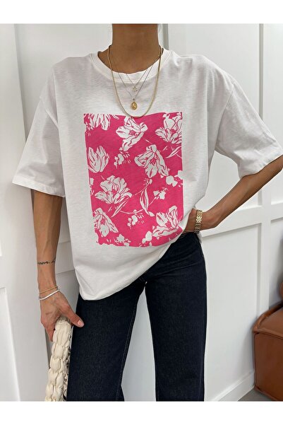 yeditepe fashion Μπλουζάκι με λαιμόκοψη ποδηλάτου, υπερμεγέθη, με φλοράλ σχέδιο