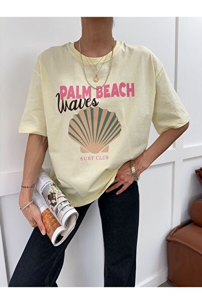 yeditepe fashion Μπλουζάκι Oversize με στάμπα Palm Beach