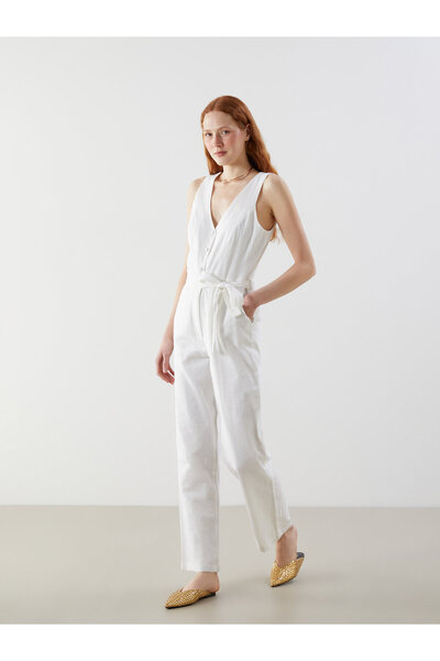 LC Waikiki V Neck Linen-Look Women's Jumpsuit