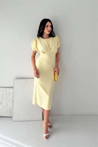 Dipmoda Γυναικείο κίτρινο φόρεμα μίντι μήκους με λεπτομέρειες και μανίκια μπα...