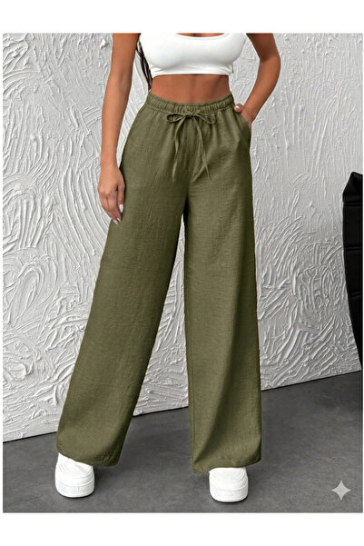 BORCKA TEKSTİL Χακί γυναικείο παντελόνι με λάστιχο στη μέση, λεπτομερή πλαϊνή...