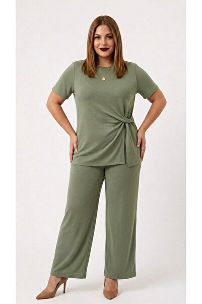 Koza Butik Γυναικείο σετ φόρμας μεγάλου μεγέθους με κοντά μανίκια και κόμπους...