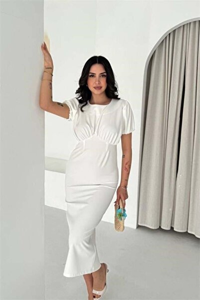 Dipmoda Γυναικείο λευκό φόρεμα μίντι με λεπτομέρειες με κορδόνια και μανίκια ...