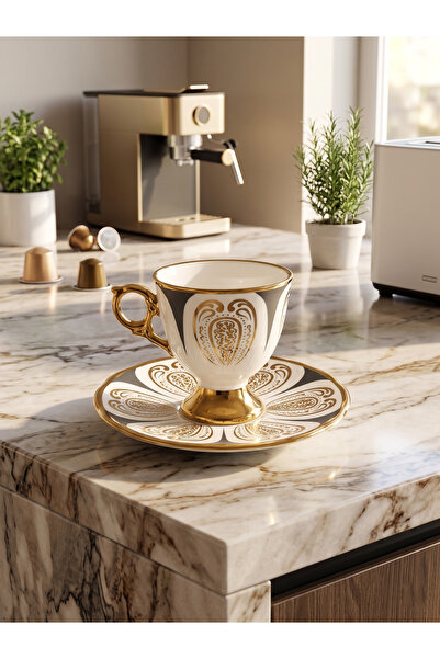 DS Home&Design Anthracite Tulip Series - Coffee Set for 6 People with Gold Tu...