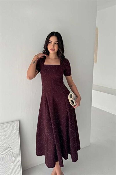 Dipmoda Kadın bordo taş detaylı kare yaka midi boy kısa kollu elbise DPK4605