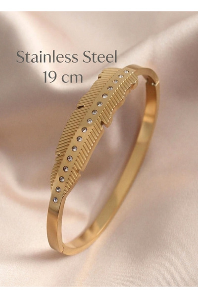 stainless steell سوار ذهبي اللون على شكل ورقة شجر مزين بحجر الزركون