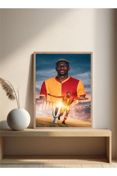 MOR TABLO Victor Osimhen Sarı Kırmızı Futbol Tablo Doğal Ahşap Çerçeveli