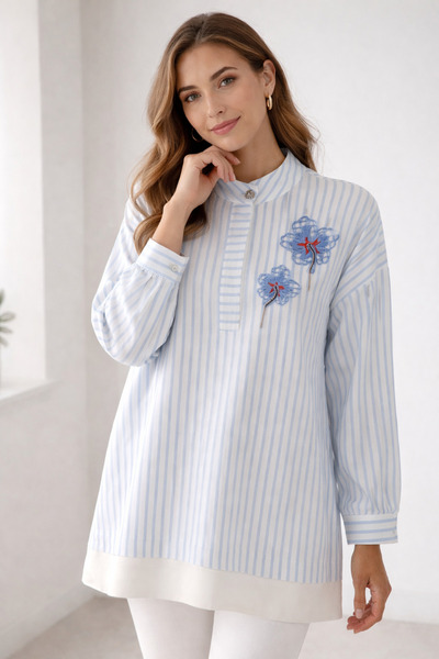 Kayra Βαμβακερή μπλούζα με όρθιο γιακά και λαμπερά κουμπιά