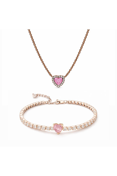 Novvu Σετ κοσμημάτων: Κολιέ και βραχιόλι με ροζ καρδιά από ασήμι