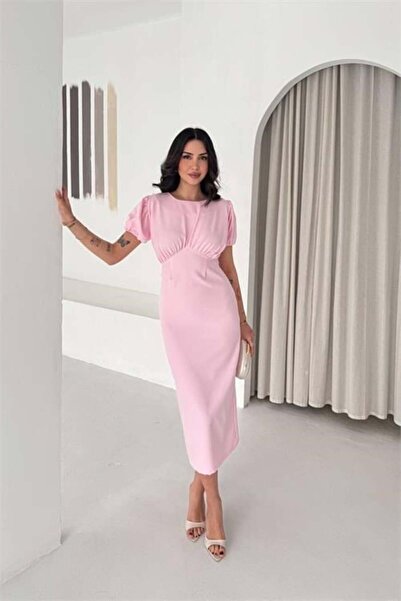 Dipmoda Γυναικείο ροζ φόρεμα μίντι με λεπτομέρειες σε στυλ μπαλόνι και στενή ...