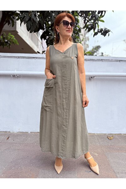 DenizEge Φόρεμα με λινό λουράκι και μεγάλη τσέπη, χακί