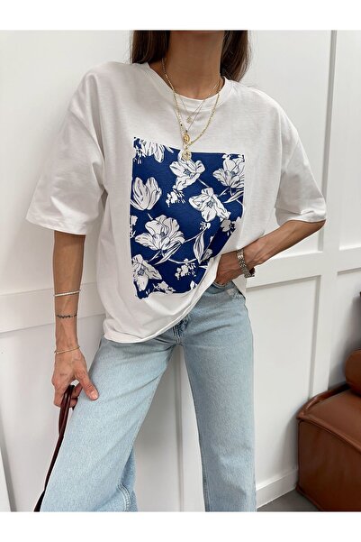 yeditepe fashion Μπλουζάκι με λαιμόκοψη ποδηλάτου, υπερμεγέθη, με φλοράλ σχέδιο