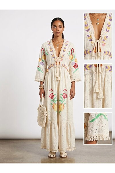 Rabiossa Kadın Çiçek Nakışlı Boho Uzun Elbise
