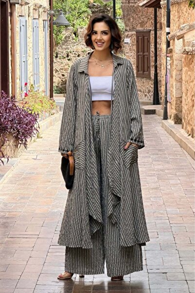 Nevin Kaya Moda Μαύρο Κεντημένο Σετ Δύο Τεμαχίων από 100% Βαμβάκι με Σχέδιο Ε...