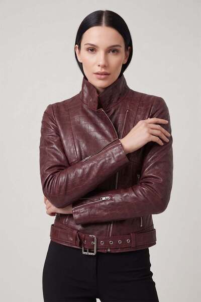 Deriderim Bordo Vintage Asimetrik Fermuarlı Hakiki Deri Kadın Biker Ceket