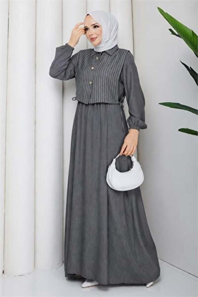 Dipmoda Γυναικείο γκρι πουκάμισο με λεπτομέρειες, μάξι μήκους, ριγέ, με χαρακ...