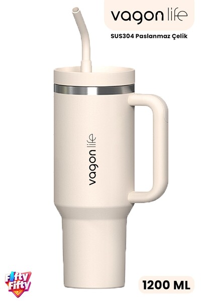 Vagonlife Tumbler Quencher Cup 1200 ML Pipetli Rahat İçim Kulplu SUS304 Pasla...