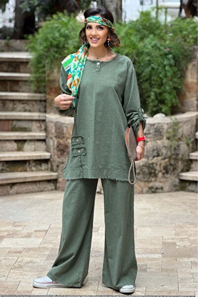 Nevin Kaya Moda Χακί Σετ με Διπλή Λωρίδα από 100% Βαμβάκι