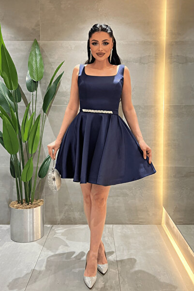 giyimmasalı Μίνι φόρεμα από σατέν ύφασμα με κορδόνια στην πλάτη - ΣΚΟΥΡΟ ΜΠΛΕ