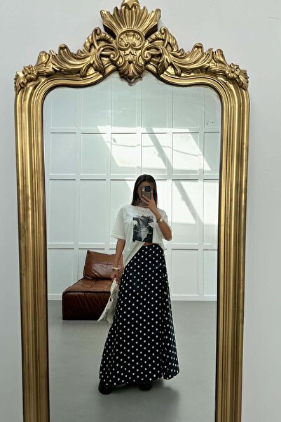 mylove Polka Dot Satin Long Skirt Black
